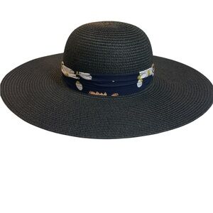 HAT black navy ribbon with flowers grommets NWT adjustable sweatband